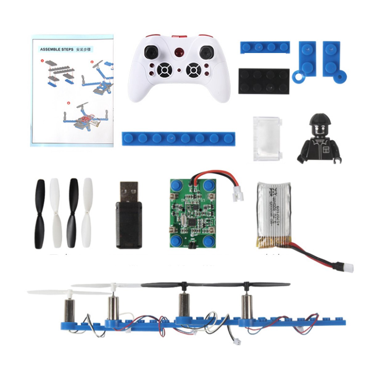 A colorful DIY drone building kit for kids, showcasing various parts and tools needed for assembly, designed for ages 6-10.